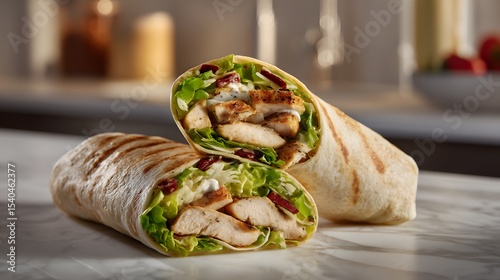 Fresh chicken Caesar wrap sliced to reveal crisp romaine, grilled chicken strips, shaved parmesan, and creamy dressing inside a soft flour tortilla, soft side light emphasizing fresh greens