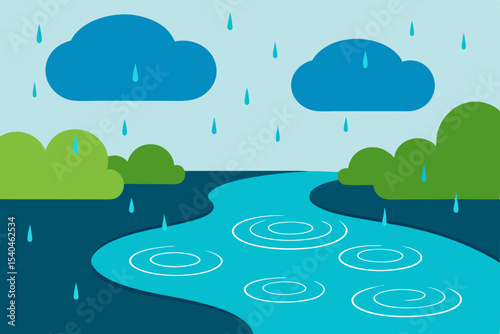 Rainy River Scene  A Serene Illustration of Nature's Rainfall