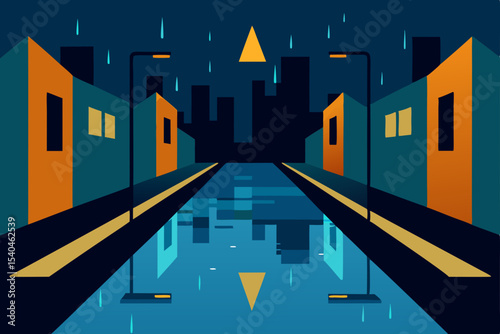 Rainy Night Cityscape Geometric Reflections in Urban Canal