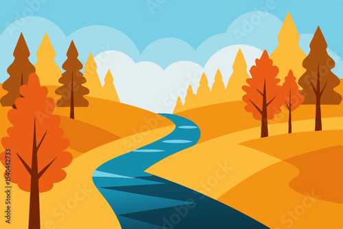 Autumn Landscape Serene River Winding Through Colorful Fall Foliage