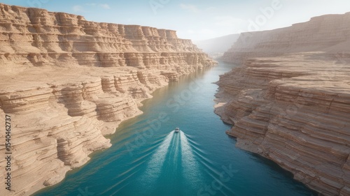 Majestic river canyon aerial view with boat journey at breathtaking destination