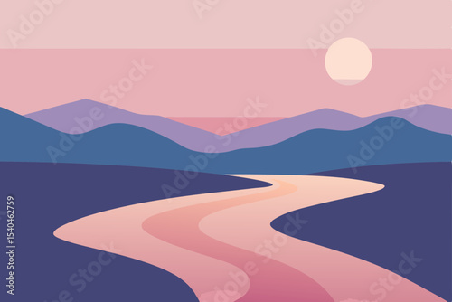 Serene Sunset Landscape River Winding Through Pastel Mountains