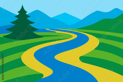 Serene River Winding Through Lush Green Valley and Mountains A Picturesque Landscape Illustration