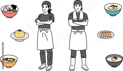 頭にタオルを巻いて腕を組んでいる男女の店員の立ち姿