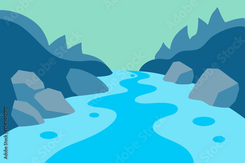Serene River Flowing Through Mountainous Landscape A Tranquil Nature Illustration