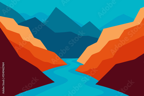 Serene River Gorge A Minimalist Landscape Illustration