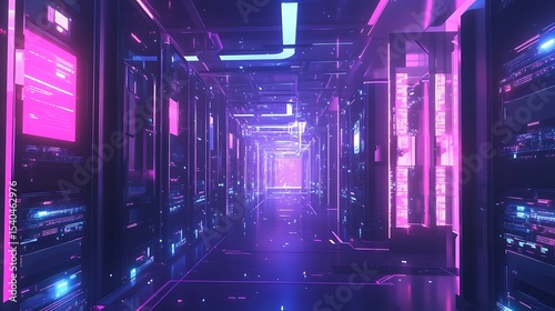 Futuristic data center with glowing racks and AI systemsImage