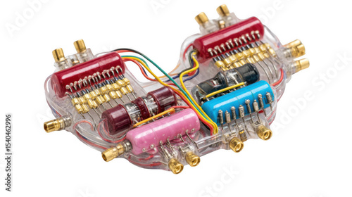 Colorful capacitors, resistors, and transistors are interconnected within a transparent heart shaped casing, symbolizing the fusion of biology and technology in an electrical heartbeat simulation