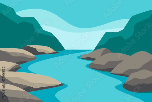Serene River Landscape Tranquil Waters Flowing Through Majestic Mountains