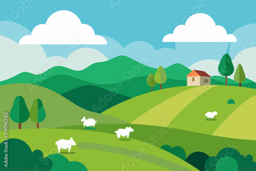 Serene Rolling Hills Landscape Idyllic Farm Scene with Sheep and Farmhouse