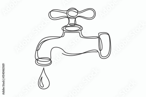 Single line drawing of faucet with water drop