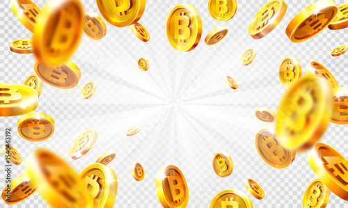 Rain of golden bitcoins. Falling or flying coin. Cryptocurrency concept on white background