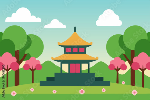 Serene Asian Pagoda Spring Landscape Tranquil Garden Illustration