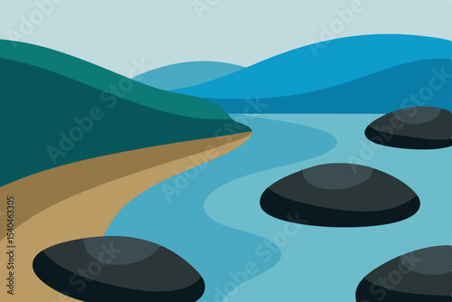 Serene Coastal Landscape Tranquil Beach Scene with Smooth Stones and Rolling Hills