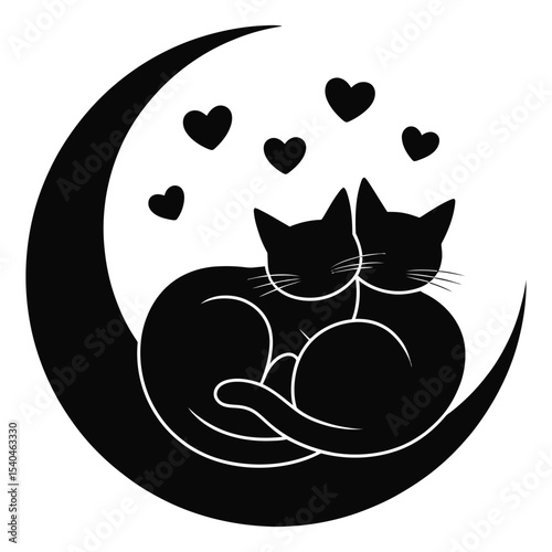 Two Black Cats Cuddling on a Crescent Moon Silhouette Romantic Love Hearts Design cuddling cats