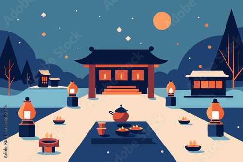 a cityscape tea ceremony in a snow dusted zen 