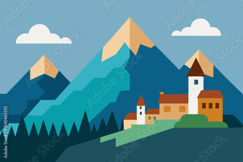 Serene Mountain Village A Picturesque Landscape Illustration
