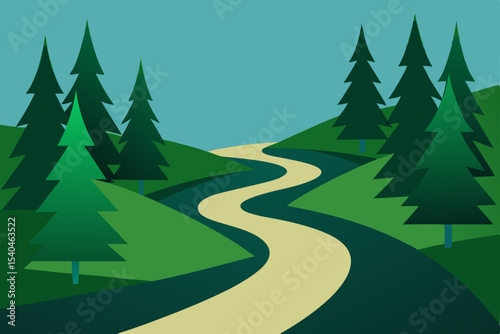 Serene Winding Path Through Evergreen Forest A Tranquil Nature Escape