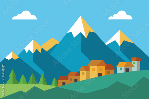 Serene Mountain Village A Picturesque Landscape Illustration