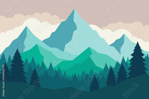 Majestic Mountain Peaks and Verdant Forest A Serene Landscape Illustration