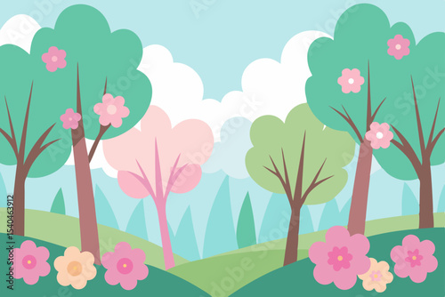 Springtime Blossoms A Charming Illustration of Flowering Trees and Hills