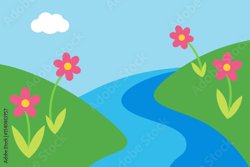 Serene River Landscape Vibrant Flowers and Rolling Hills Illustration