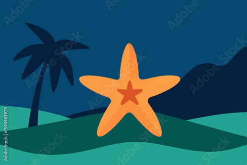Nighttime Beach Scene Starfish on Tropical Shore under Dark Sky