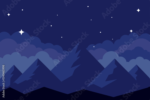 Serene Night Mountainscape Starry Sky and Misty Peaks Illustration