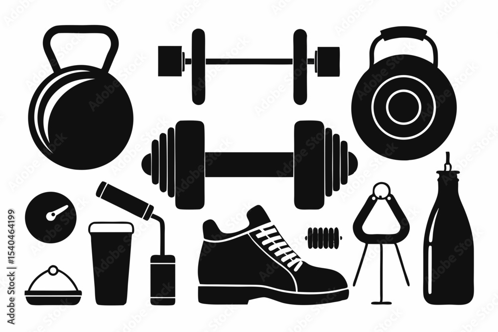 Obraz premium Fitness Equipment Icons Set Gym Workout Strength Training Silhouette Design