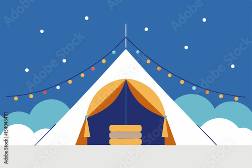 a cozy rooftop tent with string lights  pillows  