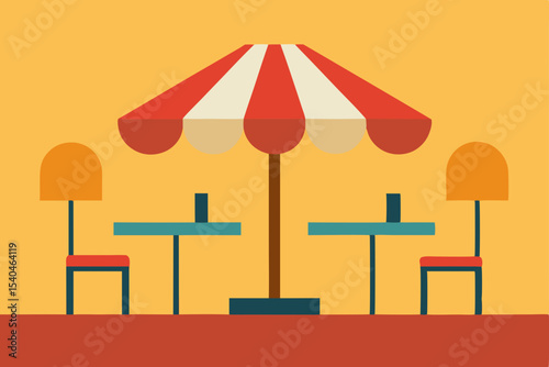 Outdoor Cafe Scene Umbrella, Tables, and Chairs under a Summer Sun