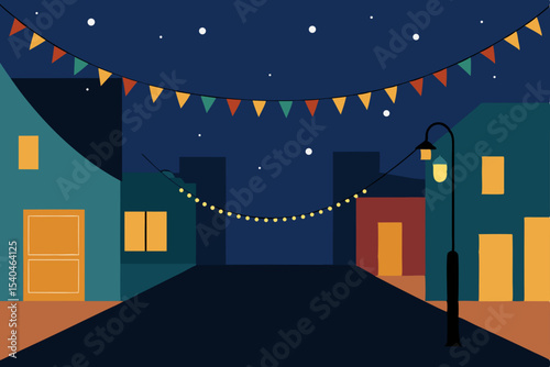 Nighttime Street Scene Festive Lights and Cozy Houses
