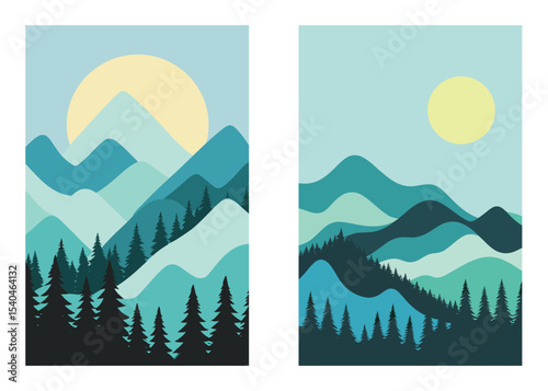 Vector Landscape With Mountains Trees And Sun In A Flat Style