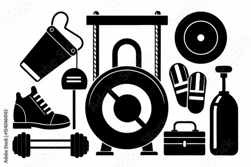 Strongman Fitness Icons Collection: Gym Equipment Silhouettes for Branding and Design