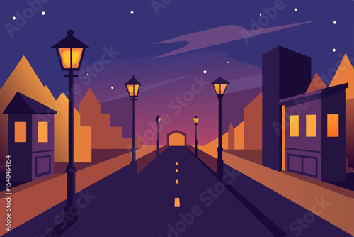 Night City Street Tranquil Evening Ambiance with Glowing Streetlights