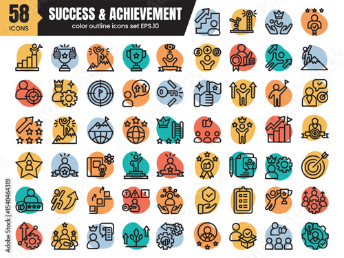 Success and achievement outline color icons set.Containing achievement, successful, strategy, winner, teamwork, goal, brainstorm.Vector illustration