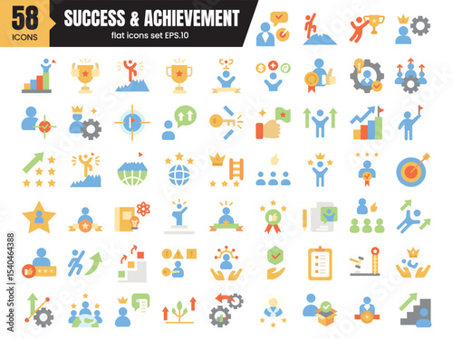 Success and achievement flat icons set.Containing achievement, successful, strategy, winner, teamwork, goal, brainstorm.