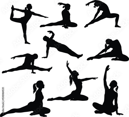Yoga woman silhouette set, fitness pose illustration, meditation posture vector, stretching exercise design, female figure collection, black shape isolated on white background, calm wellness