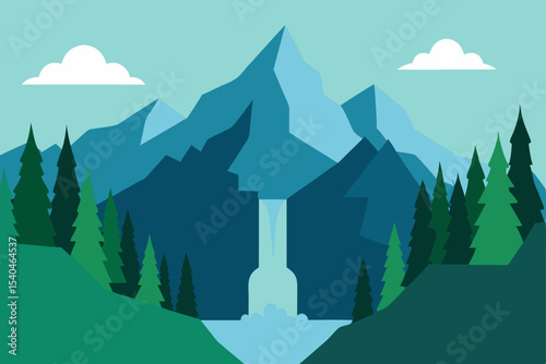 Majestic Mountain Waterfall Landscape Serene Nature Illustration