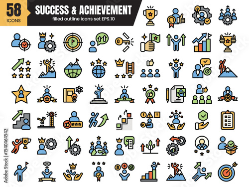 Success and achievement filled outline icons set.Containing achievement, successful, strategy, winner, teamwork, goal, brainstorm.