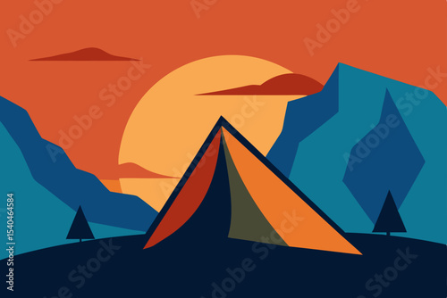 Sunset Camping Adventure Mountain Peak Tent Illustration