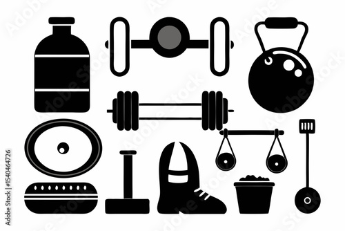 Fitness Equipment Icons Set Gym Workout Symbols Strongman Kettlebell Dumbbell Barbell Weightlifting Graphics