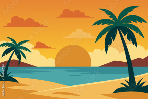Sunset Beach Paradise Tropical Palm Trees Silhouette at Golden Hour