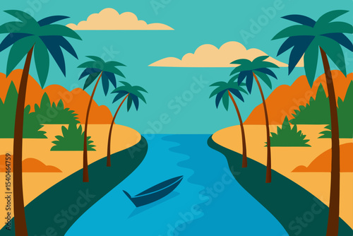 Serene Tropical River Scene Palm Trees, Calm Waters, and a Peaceful Boat