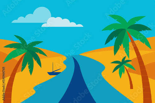 Serene Oasis Palm Trees, Desert River, and Tranquil Blue Waters