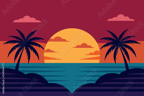 Sunset Paradise Tropical Beach Scene with Palm Trees and Ocean