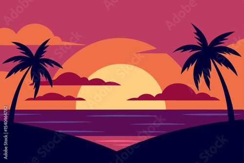 Sunset Paradise Tropical Beach Scene Illustration
