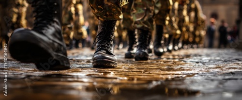 The Determined March of Soldiers in Military Boots on Cobblestone Pathway