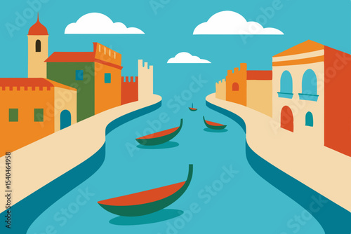 Charming Italian Canal Scene Gondolas and Colorful Buildings
