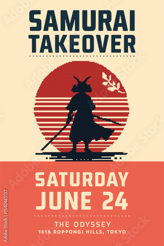 Samurai takeover event poster with bold warrior silhouette and vintage red sunset background in japanese minimalist design style
